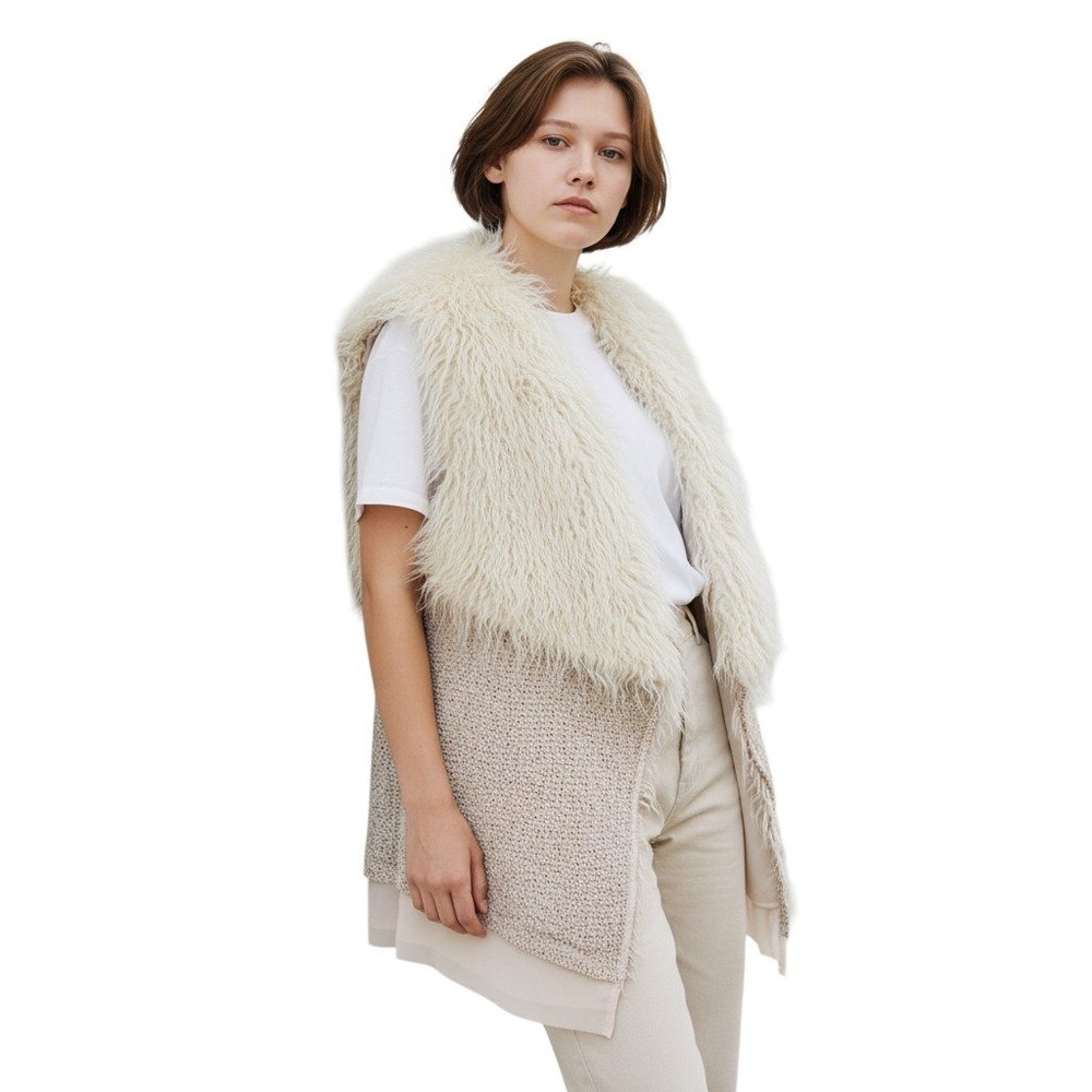 HYFVE Womens Faux Fur Knit Vest Cream‎ Sleeveless Open Front Boho